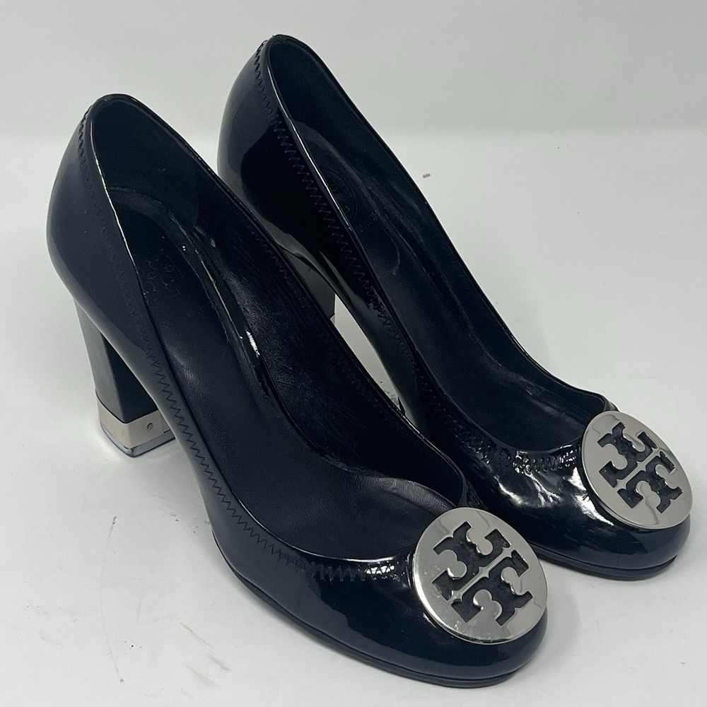Tory Burch Maddie Black Patent Leather‎ Blocked Heels Sz 7.5